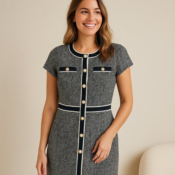 Sugar Magnolia Dresses & Skirts - NWT Tweed Boutique-Style Dress XXL • Structured Black-White Trim Shift Dress